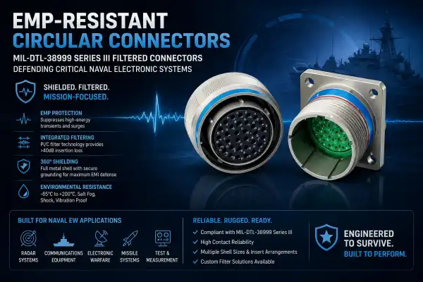 Can a filtered D38999 III block EMP in naval electronic warfare systems?